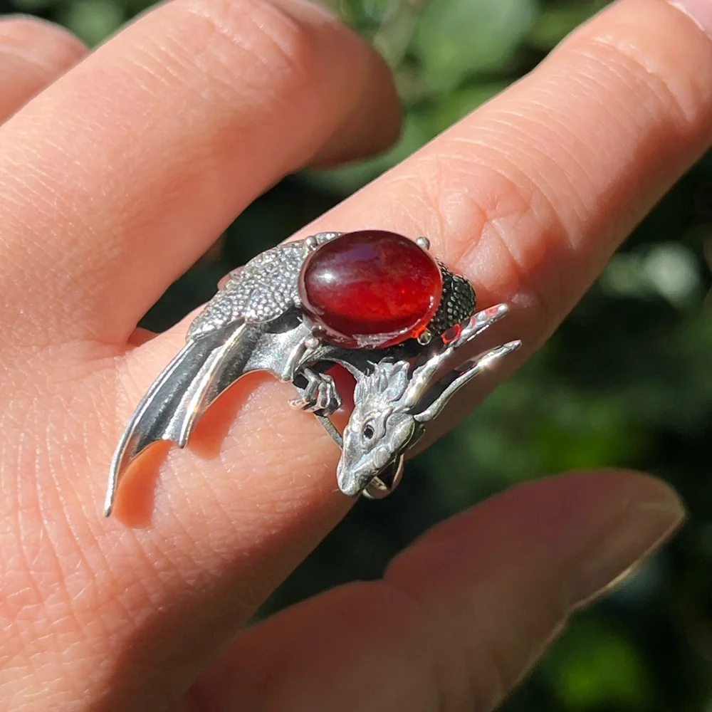 Sterling silver garnet dragon adjustable‎ ring